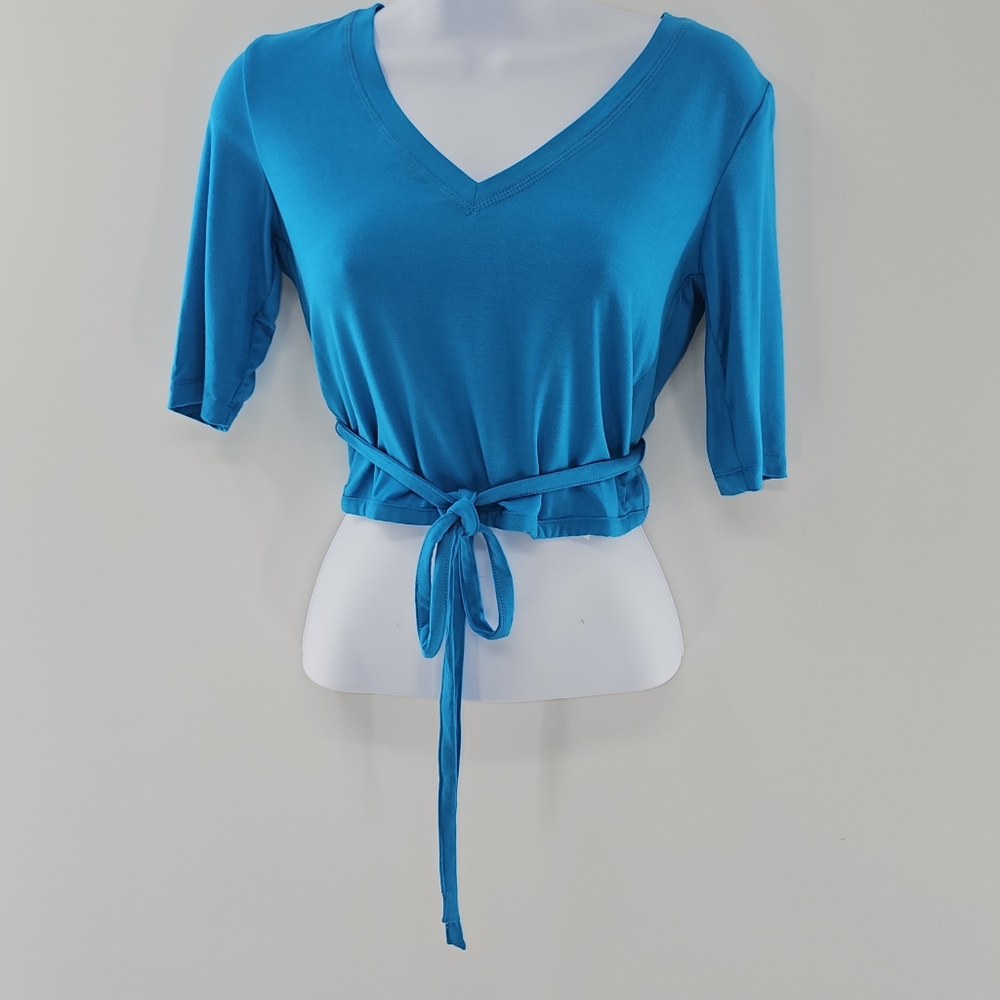 Frayed Blue Fitted Wrap Back Front Tie Short Sleeve V-neck Top Women Size XSmall